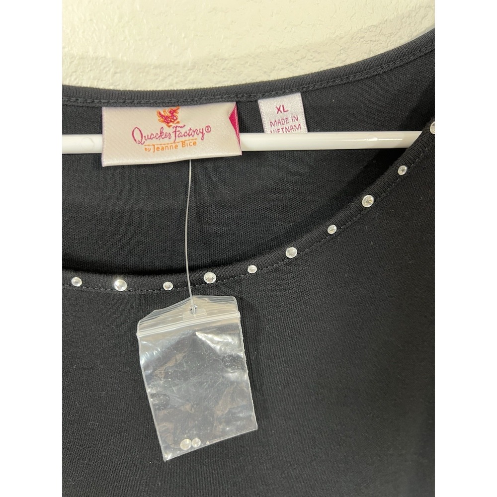 Quacker Factory XL Black Top Rhinestone Cute Side Tie Neckline Short Sleeve - Picture 3 of 5